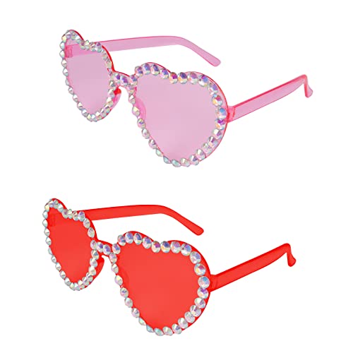 Bubuny Herz Brille, Hippie Herzförmige Brille, 2er Herz Sonnenbrille mit Diamanten, Randlose Heart-Shaped Glasses, Party Herzbrille für Weihnachten Karneval Geburtstag Party Zubehör von Bubuny