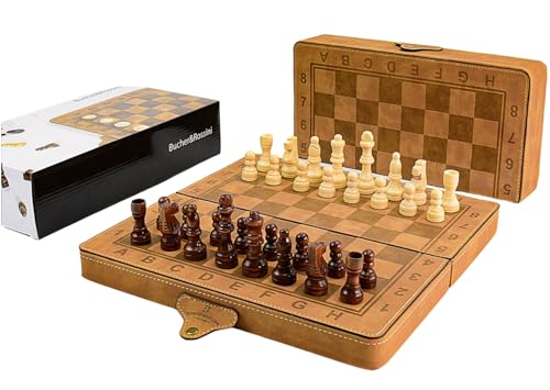 Magnetisches Schachspiel aus Leder, 38x38cm Schachbrett, Holzfiguren in Braun und Weiß, Eingebaute Aufbewahrung(15 Zoll) von Bucher&Rossini