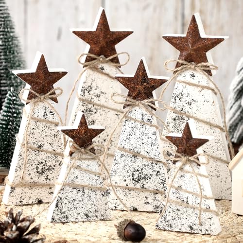 Bucherry 6 Stück Holz-Weihnachtsbaum-Tischdekoration, Weihnachtsbäume, Tischaufsätze, rustikale abgestufte Tablett-Dekoration mit Eisenstern, Hanfseil für Tisch, Heimdekoration Bucherry 6 Stück Holz-Weihnachtsbaum-Tischdekoration, Weihnachtsbäume, Tischaufsätze, rustikale abgestufte Tablett-Dekoration mit Eisenstern, Hanfseil für Tisch, Heimdekoration von Bucherry