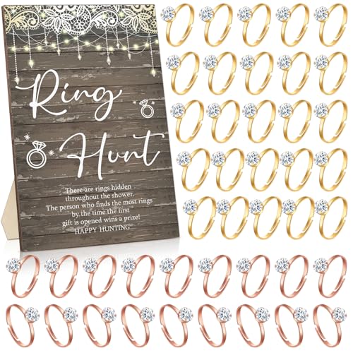 Bucherry Brautparty-Spiele mit Ringen Lustiger Ring Jagdspiele Schild Holzspiel Schild und 100 Mini-Kunststoffringe Fake Ringe mit Diamant für Brautdusche Spiel Hochzeit Sieger Geschenke Party Favors von Bucherry