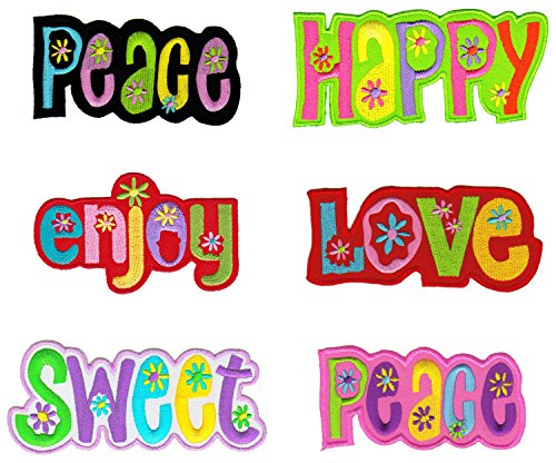 Peace Happy Enjoy Love Sweet Flower Power Hippie Aufnäher 6 Stück Bügelbild Patch von Bügelbilder Set