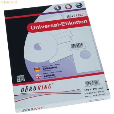 Büroring Universal-Etiketten Papier weiß selbstklebend 210x297mm 100 B Büroring Universal-Etiketten Papier weiß selbstklebend 210x297mm 100 B von Büroring
