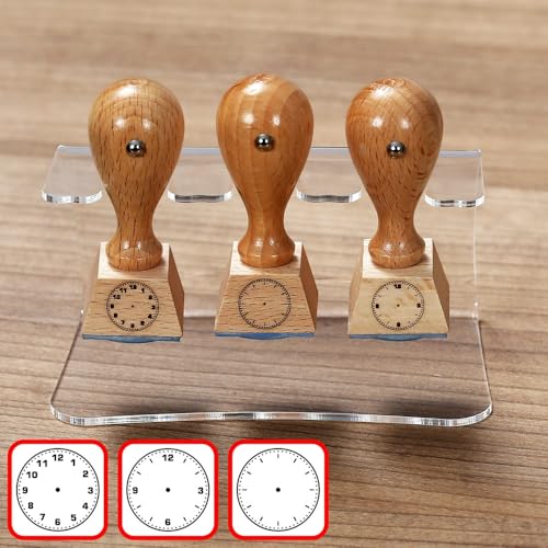 Bütic 3er Set Lehrer- Holzstempel - Schulstempel mit Acrylhalter Ständer - Designs auswählbar, Stempeldesigns:3er Set 3 - Uhrzeit von Bütic GmbH