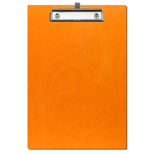 Bütic Holz Klemmbrett Standardform Orange für DIN A3 A4 A5 A6 aus 3 mm Birkensperrholz und mit widerstandsfähigem Klarlack versiegelt, Format:A4 hoch, Klemme:Bügelklemme Silber Stifthalter von Bütic GmbH