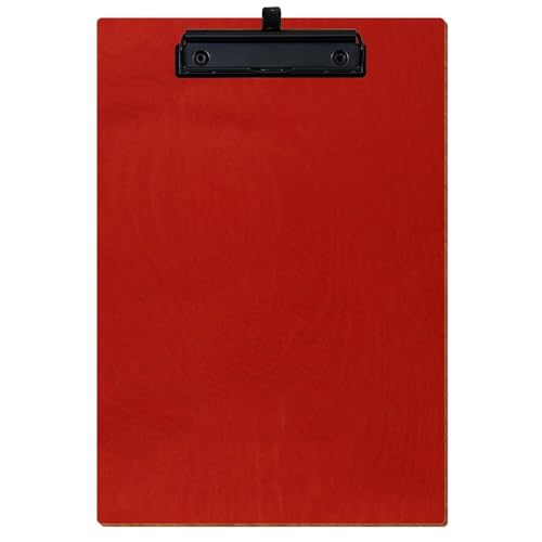 Bütic Holz Klemmbrett Standardform Rot für DIN A3 A4 A5 A6 aus 3 mm Birkensperrholz und mit widerstandsfähigem Klarlack versiegelt, Format:A4 hoch, Klemme:Bügelklemme Schwarz Stifthalter von Bütic GmbH