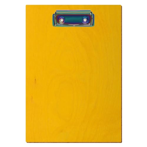 Bütic Holz Klemmbrett Standardform Gelb für DIN A3 A4 A5 A6 aus 3 mm Birkensperrholz und mit widerstandsfähigem Klarlack versiegelt, Format:A5 hoch, Klemme:Bügelklemme Regenbogen von Bütic GmbH
