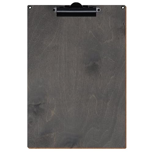 Bütic Holz Klemmbrett Standardform Grau für DIN A3 A4 A5 A6 mit 2 Ösen aus 3 mm starkem Birkensperrholz mit Klarlack versiegelt, Format:A4 hoch, Klemme:Zahnklemme schwarz von Bütic GmbH