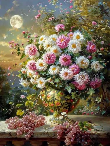 Malen Nach Zahlen Blume Malen Nach Zahlen Erwachsene mit Rahmen Mond Paint by Numbers Kreativ Set Mit 3 - Pinseln und Acrylfarbe Knitterfreie Leinwand Kit Home Haus Deko Geschenke (60 X 80 cm) i-190 von Bugufen