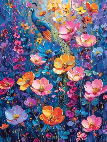 Malen Nach Zahlen Blume Malen Nach Zahlen Erwachsene mit Rahmen Pfau Paint by Numbers Kreativ Set Mit 3 - Pinseln und Acrylfarbe Knitterfreie Leinwand Kit Home Haus Deko Geschenke (100 X 135 cm) i-171 von Bugufen