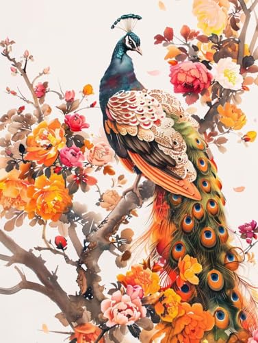 Malen Nach Zahlen Blume Malen Nach Zahlen Erwachsene mit Rahmen Pfau Paint by Numbers Kreativ Set Mit 3 - Pinseln und Acrylfarbe Knitterfreie Leinwand Kit Home Haus Deko Geschenke (50 X 65 cm) l-18B von Bugufen