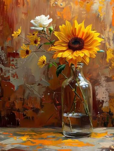 Malen Nach Zahlen Blume Malen Nach Zahlen Erwachsene mit Rahmen Sonnenblume Paint by Numbers Kreativ Set Mit 3 - Pinseln und Acrylfarbe Leinwand Kit für Geschenke und Home Haus Deko (60 X 80 cm) k-153 von Bugufen