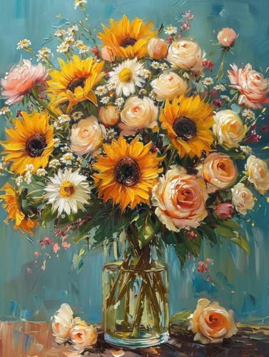 Malen Nach Zahlen Blume Malen Nach Zahlen Erwachsene mit Rahmen Sonnenblume Paint by Numbers Kreativ Set Mit 3 - Pinseln und Acrylfarbe Leinwand Kit für Geschenke und Home Haus Deko (70 X 95 cm) j-7D von Bugufen
