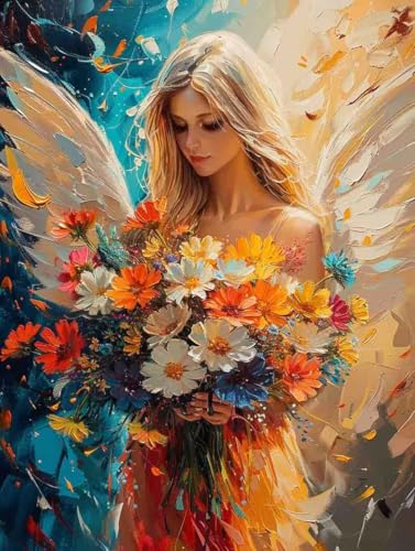Malen Nach Zahlen Engel Paint by Numbers Blume Malen Nach Zahlen Kinder ab 7 8 9 10 jahre mädchen Handgemalt Ölgemälde Kreativ Set Mit 3 Pinseln und Acrylfarbe Leinwand Kit 40X50cm (ohne Rahmen) a-99 von Bugufen