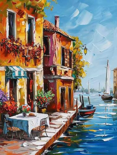 Malen Nach Zahlen Fluss Paint by Numbers Haus Malen Nach Zahlen Kinder ab 7 8 9 10 jahre mädchen Handgemalt Ölgemälde Kreativ Set Mit 3 Pinseln und Acrylfarbe Leinwand Kit 70X95cm (ohne Rahmen) a-133 von Bugufen
