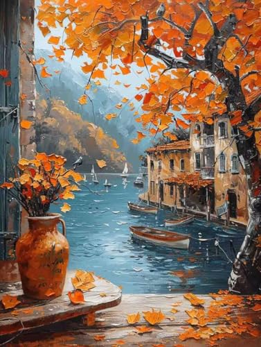 Malen Nach Zahlen Herbst Malen Nach Zahlen Erwachsene ohne Rahmen Landschaft Paint by Numbers Kreativ Set Mit 3 - Pinseln und Acrylfarbe Leinwand Kit für Geschenke und Home Haus Deko (70 X 95 cm) l-49 von Bugufen
