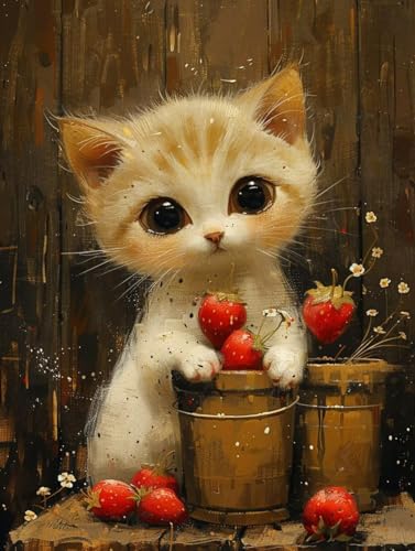 Malen Nach Zahlen Katze Malen Nach Zahlen Erwachsene ohne Rahmen Erdbeere Paint by Numbers Kreativ Set Mit 3 - Pinseln und Acrylfarbe Leinwand Kit für Geschenke und Home Haus Deko (70 X 95 cm) i-4X von Bugufen