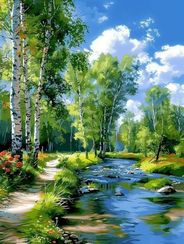 Malen Nach Zahlen Landschaft Malen Nach Zahlen Erwachsene ohne Rahmen Baum Paint by Numbers Kreativ Set Mit 3 - Pinseln und Acrylfarbe Leinwand Kit für Geschenke und Home Haus Deko (40 X 50 cm) j-37 von Bugufen