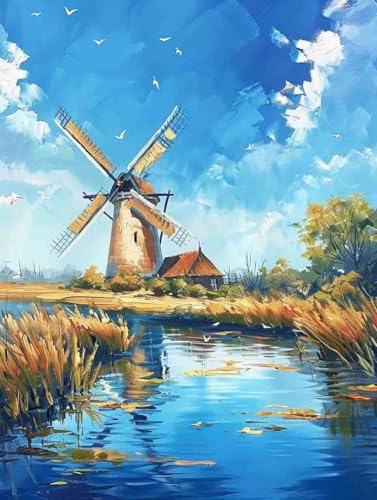 Malen Nach Zahlen Landschaft Malen Nach Zahlen Erwachsene ohne Rahmen Windmühle Paint by Numbers Kreativ Set Mit 3 Pinseln und Acrylfarbe Leinwand Kit für Geschenke und Home Haus Deko (50X65cm) l-132 von Bugufen