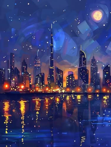 Malen Nach Zahlen Landschaft Paint by Numbers Nachtansicht Malen Nach Zahlen Kinder ab 7 8 9 10 jahre mädchen Handgemalt Ölgemälde Kreativ Set Mit 3 Pinseln und Acrylfarbe 60X80cm (ohne Rahmen) s-72 von Bugufen