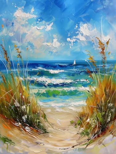 Malen Nach Zahlen Meer Paint by Numbers Strand Malen Nach Zahlen Kinder ab 7 8 9 10 jahre mädchen Handgemalt Ölgemälde Kreativ Set Mit 3 Pinseln und Acrylfarbe Leinwand Kit 60X80cm (mit Rahmen) a-17F von Bugufen