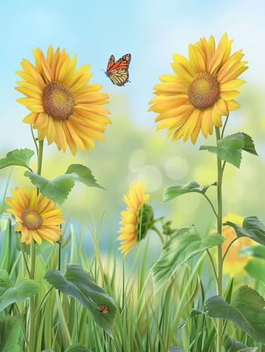 Malen Nach Zahlen Sonnenblume Paint by Numbers Schmetterling Malen Nach Zahlen Kinder ab 7 8 9 10 jahre mädchen Handgemalt Ölgemälde Kreativ Set Mit 3 Pinseln und Acrylfarbe 50X65cm (mit Rahmen) e-3P von Bugufen