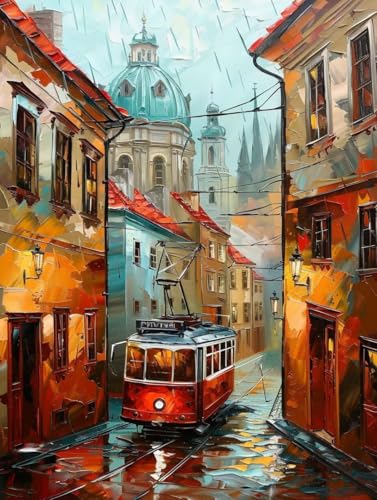 Malen Nach Zahlen Stadt Paint by Numbers Bus Malen Nach Zahlen Kinder ab 7 8 9 10 jahre mädchen Handgemalt Ölgemälde Kreativ Set Mit 3 - Pinseln und Acrylfarbe Leinwand Kit 40 X 50cm (mit Rahmen) a-82 von Bugufen