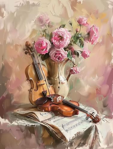 Malen Nach Zahlen Violine Malen Nach Zahlen Erwachsene mit Rahmen Blume Paint by Numbers Kreativ Set Mit 3 - Pinseln und Acrylfarbe Knitterfreie Leinwand Kit Home Haus Deko Geschenke (60 X 80 cm) k-4Z von Bugufen