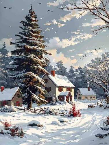 Malen Nach Zahlen Winter Malen Nach Zahlen Erwachsene ohne Rahmen Schnee Paint by Numbers Kreativ Set Mit 3 - Pinseln und Acrylfarbe Knitterfreie Leinwand Kit Home Haus Deko Geschenke (40 X 50cm) i-30 von Bugufen