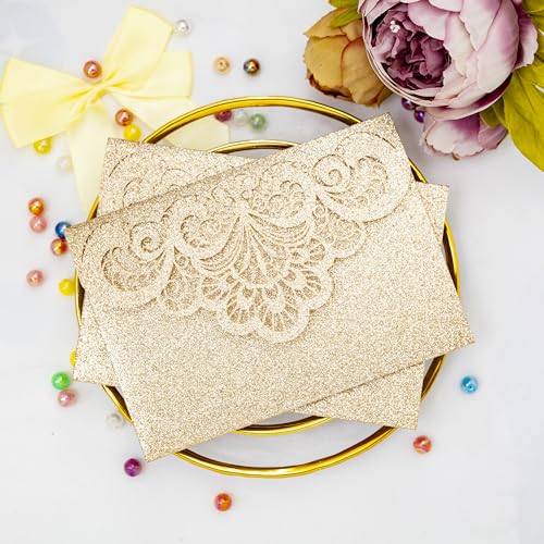 Builcker 20 Stück lasergeschnittene goldfarbene Glitzer-Einladungskarten für Abschlussfeiern, Partys, Hochzeiten, Geburtstage, Einladungen mit Umschlag (Gold-Glitzer) von Builcker