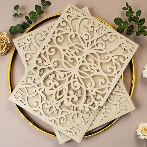 Builcker Einladungskarten, Laserschnitt, goldfarben, Glitzer, Grußkarte, Abschlussfeier, Hochzeit, Geburtstag, Party, hohle Einladungen, Klappeinladung, Tasche mit Umschlag, Champagner-Gold, 20 von Builcker