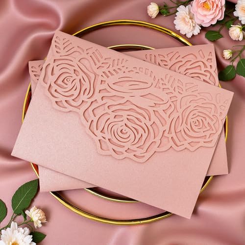 Builcker Lasergeschnittene Einladungskarte, Grußkarte, Abschlussfeier, Rose, Blume, Hochzeit, Geburtstag, Party, Einladung, Tasche mit Umschlag (Rosa) von Builcker