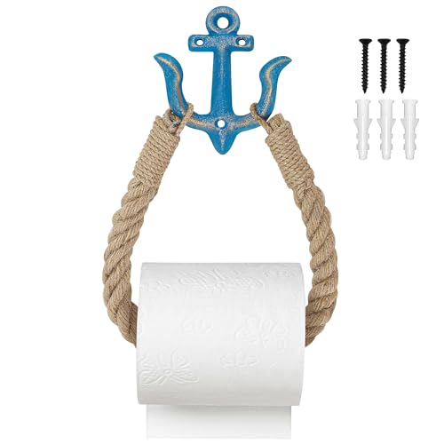 Nautischer Toilettenpapierhalter, Wandmontage, Seilrolle und Handtuchhalter für Badezimmer, natürliches rustikales Juteseil mit Anker-Dekor für Strand, Meer, Blau Nautischer Toilettenpapierhalter, Wandmontage, Seilrolle und Handtuchhalter für Badezimmer, natürliches rustikales Juteseil mit Anker-Dekor für Strand, Meer, Blau von BuleVina