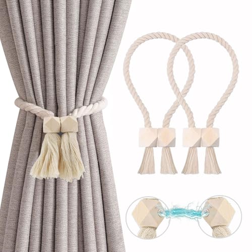 2 Stück Magnetische Vorhang Raffhalter, Gardinenhalter Raffhalter aus Holz Boho, Handgewebt Gardinen Raffhalter, Vorhanghalter, Raffhalter Magnetisch, Baumwollseil für Home Büro Gardinen Deko (Beige) von Bull Tiger Prestige