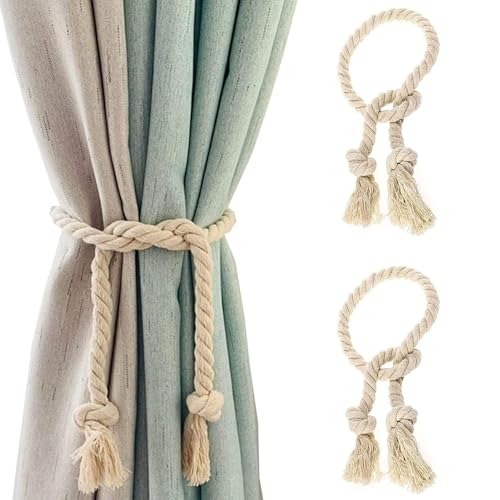 2 Stück Vorhangseil Raffhalter, Raffhalter Vorhang Seil Curtain Rope Buckle Handgemachte Vorhang, Vorhang-Raffhalter, Baumwolle, Handgewebt, Raffhalter, Vorhangbänder für Vorhänge (Beige) von Bull Tiger Prestige