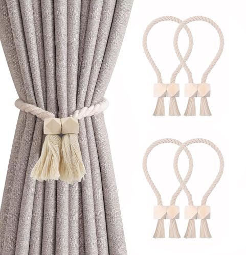 4 Stück Magnetische Vorhang Raffhalter, Gardinenhalter Raffhalter aus Holz Boho, Handgewebt Gardinen Raffhalter, Vorhanghalter, Raffhalter Magnetisch, Baumwollseil für Home Büro Gardinen Deko (Beige) von Bull Tiger Prestige