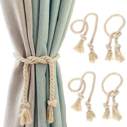 4 Stück Vorhangseil Raffhalter, Raffhalter Vorhang Seil Curtain Rope Buckle Handgemachte Vorhang, 100CM Vorhang-Raffhalter, Baumwolle, Handgewebt, Raffhalter, Vorhangbänder für Vorhänge (Beige) von Bull Tiger Prestige