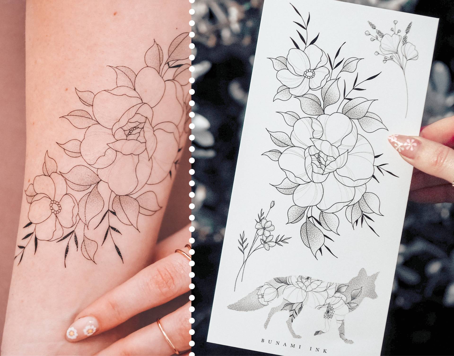 Temporäre Tattoos 4 Fuchs Wildblumen Pfingstrosen Sträußchen Florale Silhouette von BunamiInk