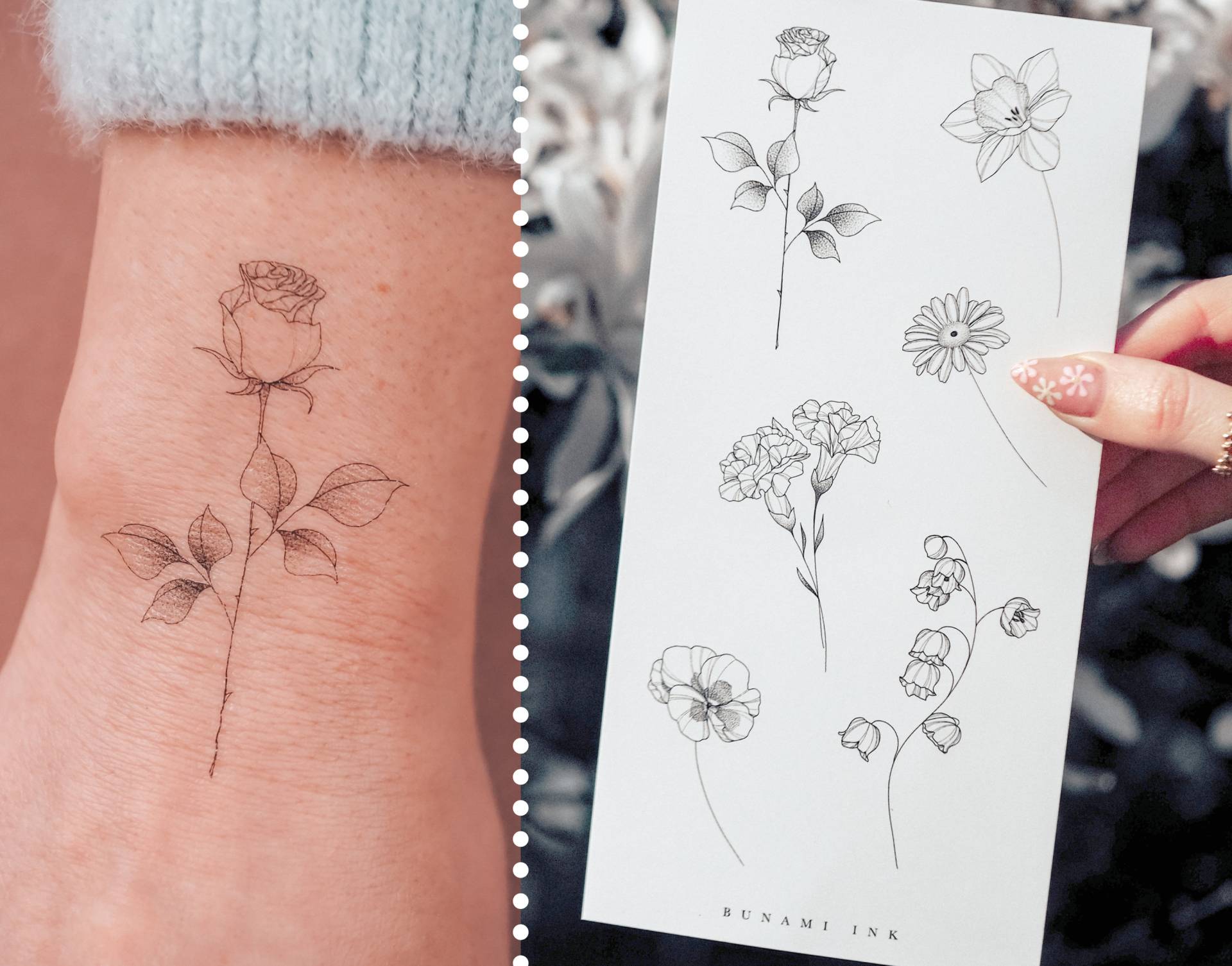 Temporäre Tattoos 6 Geburtsblumen Januar-Juni Rose Narzisse Gänseblümchen Nelke Schneeglöckchen Veilchen Temporäre Tattoos 6 Geburtsblumen Januar-Juni Rose Narzisse Gänseblümchen Nelke Schneeglöckchen Veilchen von BunamiInk