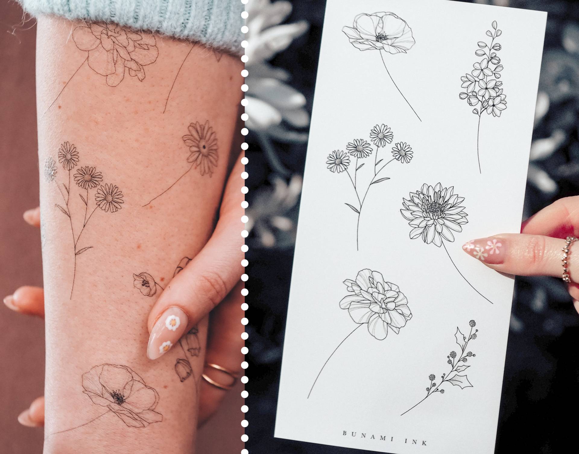 Temporäre Tattoos 6 Geburtsblumen Juli-Dezember Mohnblume Rittersporn Aster Chrisanthemum Ringelblume | Marigold Stechpalme | Holly Flower Temporäre Tattoos 6 Geburtsblumen Juli-Dezember Mohnblume Rittersporn Aster Chrisanthemum Ringelblume | Marigold Stechpalme | Holly Flower von BunamiInk