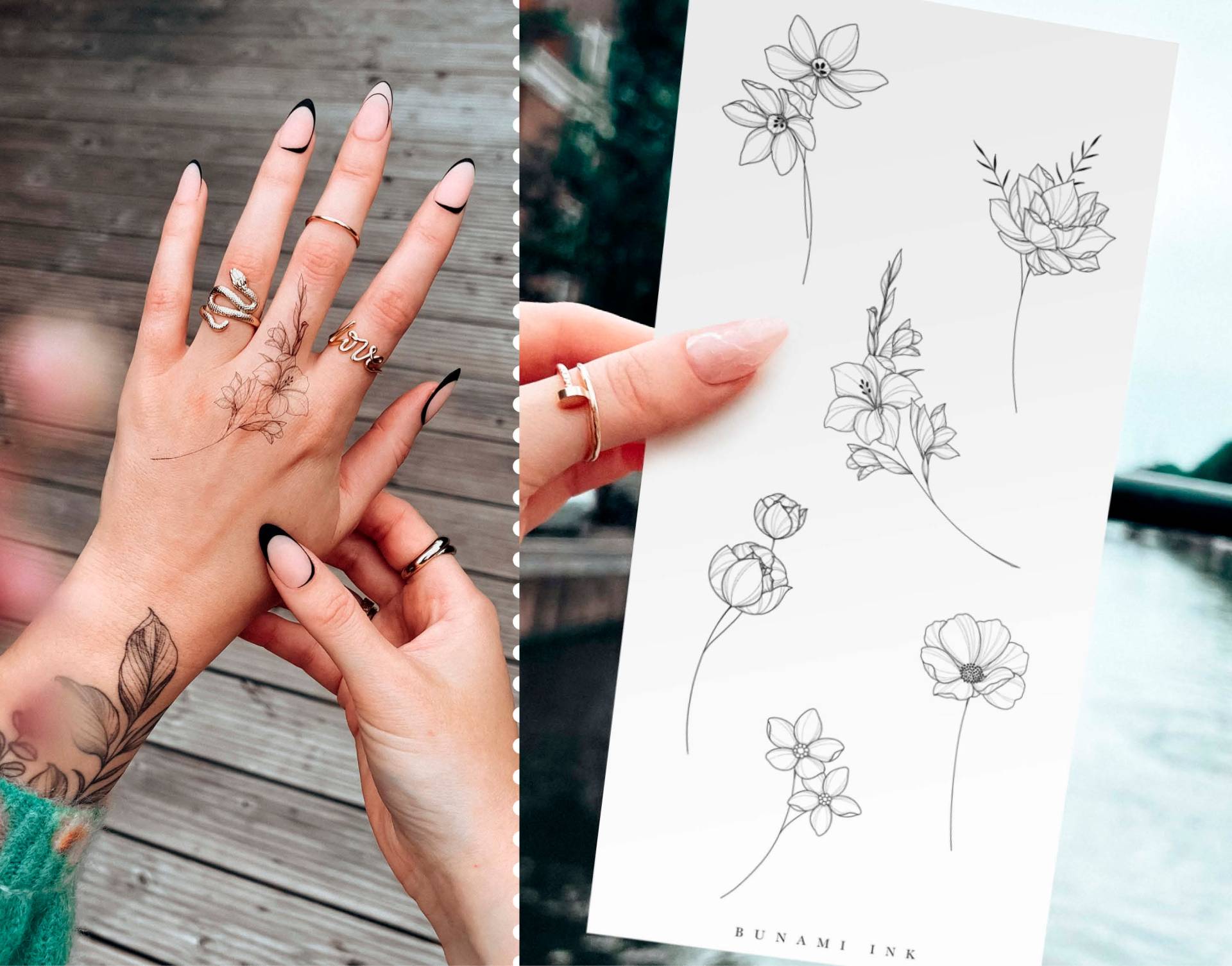 Temporäre Tattoos 6 Geburtsblumen Juli-Dezember Wasserlilie Gladiole Vergiss-Mein-Nicht Cosmea Pfingstrose Narzisse Temporäre Tattoos 6 Geburtsblumen Juli-Dezember Wasserlilie Gladiole Vergiss-Mein-Nicht Cosmea Pfingstrose Narzisse von BunamiInk