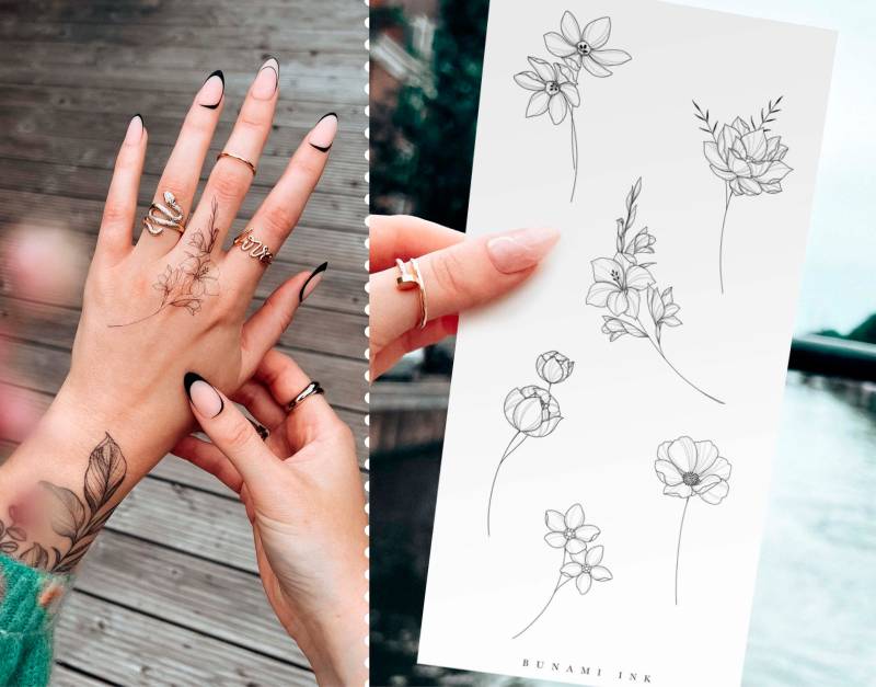 Temporäre Tattoos 6 Geburtsblumen Juli-Dezember Wasserlilie Gladiole Vergiss-Mein-Nicht Cosmea Pfingstrose Narzisse von BunamiInk