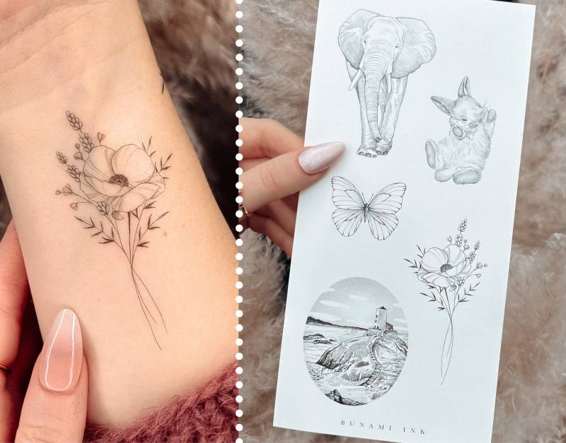 Temporäre Tattoos Elefant Häschen Leuchtturm Landschaft Meer Schmetterling Bouquet von BunamiInk