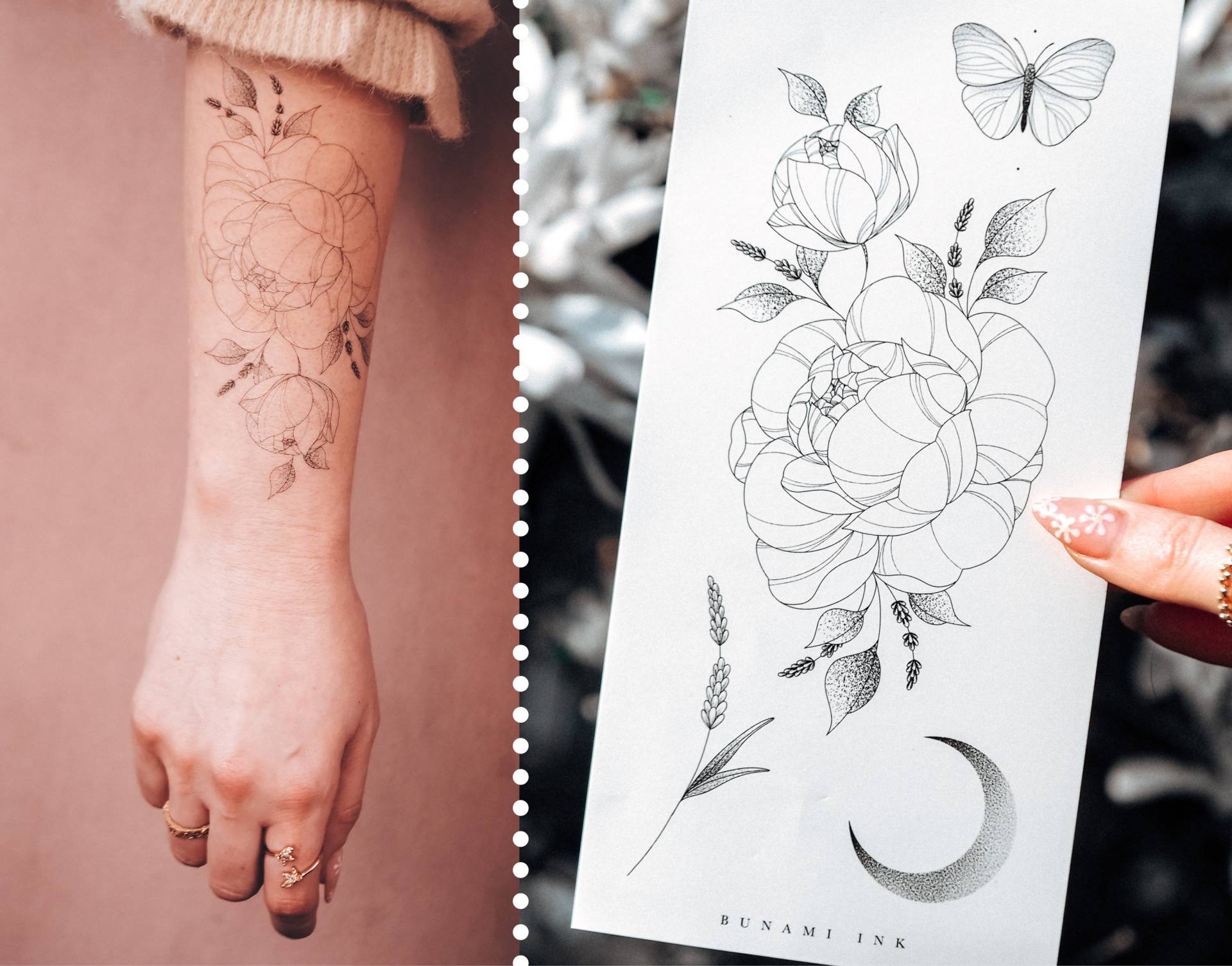 Temporäre Tattoos Florale Pfingstrose Schmetterling Lavendel Mondsichel von BunamiInk