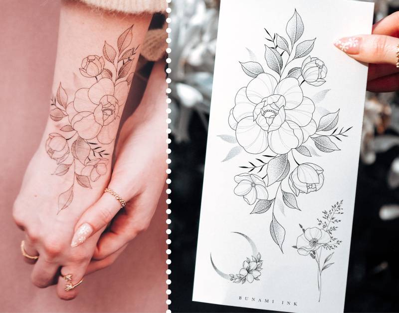 Temporäre Tattoos Kleines Florales Sträusschen Pfingstrose Wildblumen Mond Sichel von BunamiInk