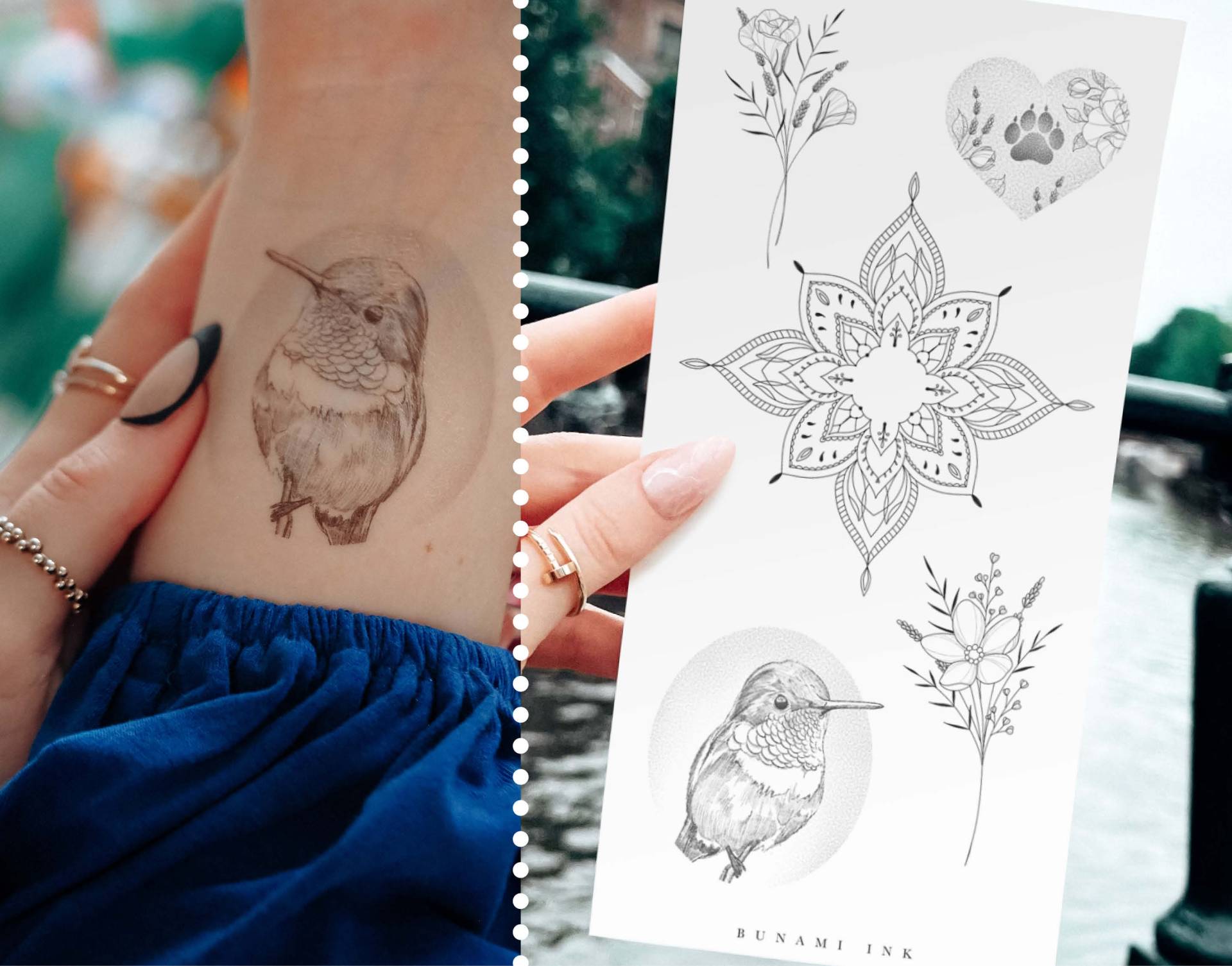 Temporäre Tattoos Kolibri Vogel Vergiss-Mein-Nicht Lavendel Mandala Lisianthus Bouquet Hundepfote von BunamiInk