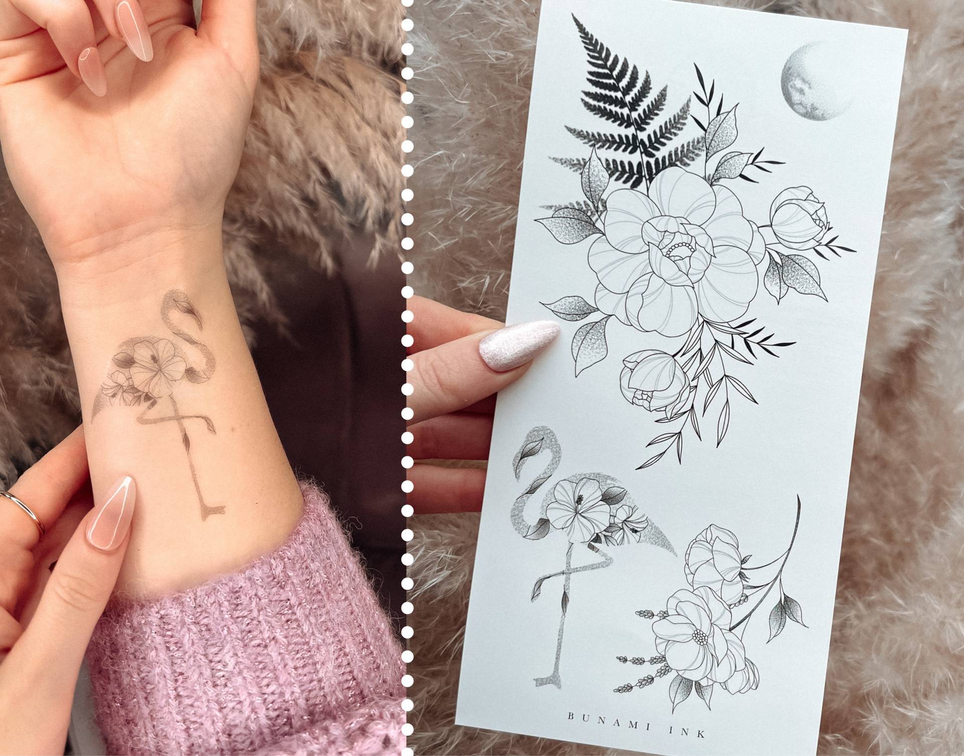 Temporäre Tattoos Pfingstrose Mit Farn Floraler Flamingo Mohnblume Lavendel Zweig von BunamiInk