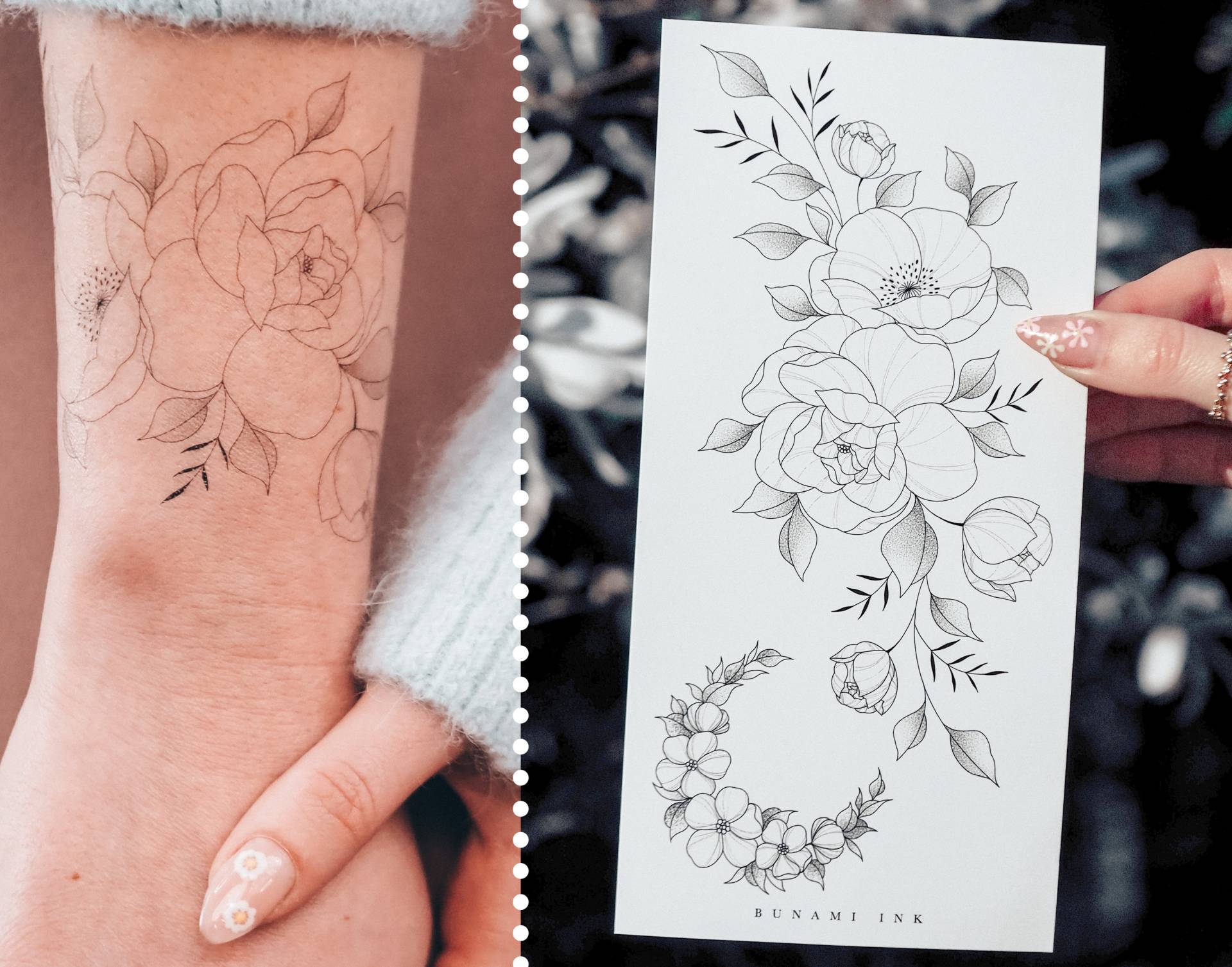 Temporäre Tattoos Pfingstrose Mond Mohnblume Floraler Wildblumen Armband Halbmond Temporäre Tattoos Pfingstrose Mond Mohnblume Floraler Wildblumen Armband Halbmond von BunamiInk