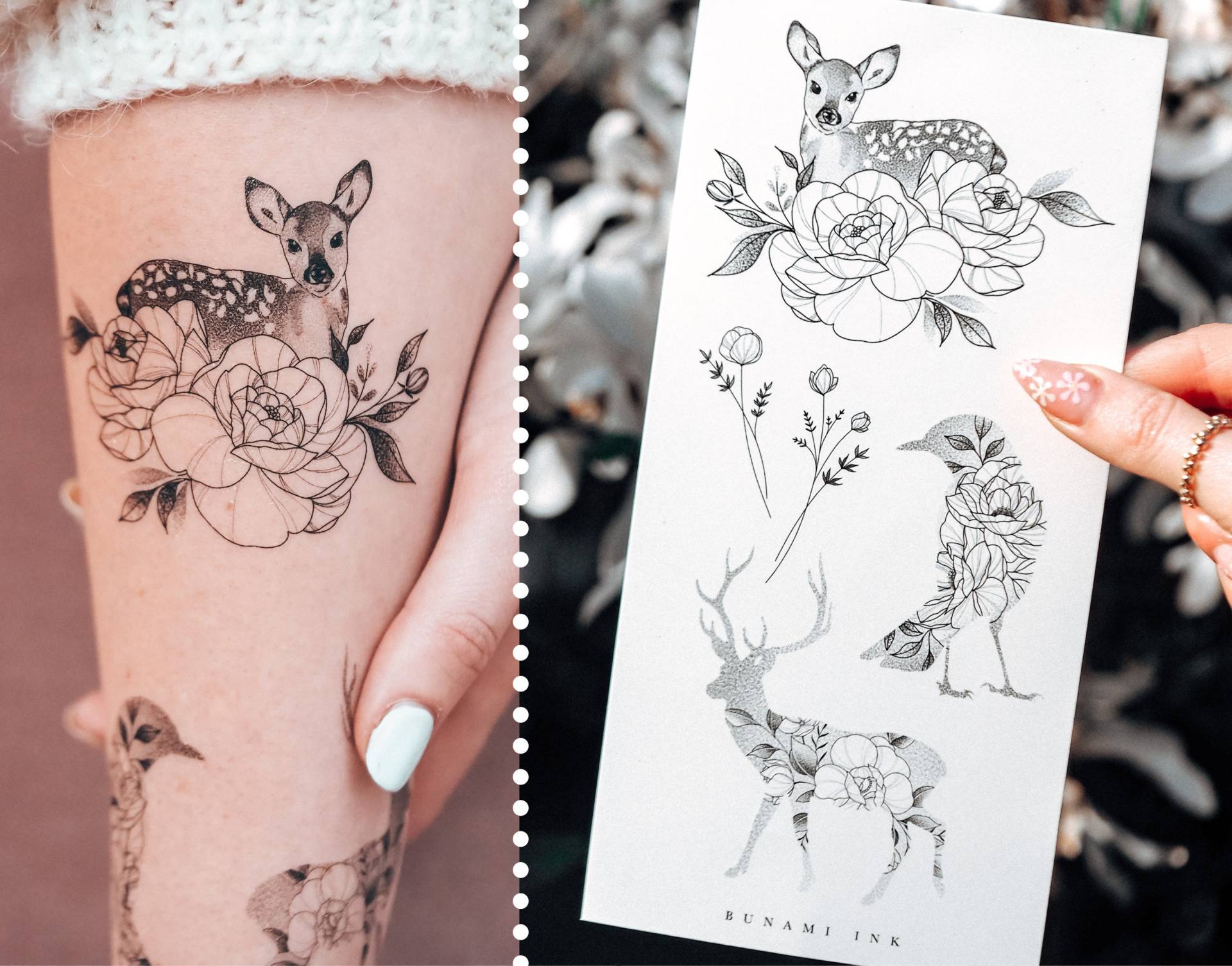 Temporäre Tattoos Tiere Vogel Reh Hirsch Wilde Florale Temporäre Tattoos Tiere Vogel Reh Hirsch Wilde Florale von BunamiInk