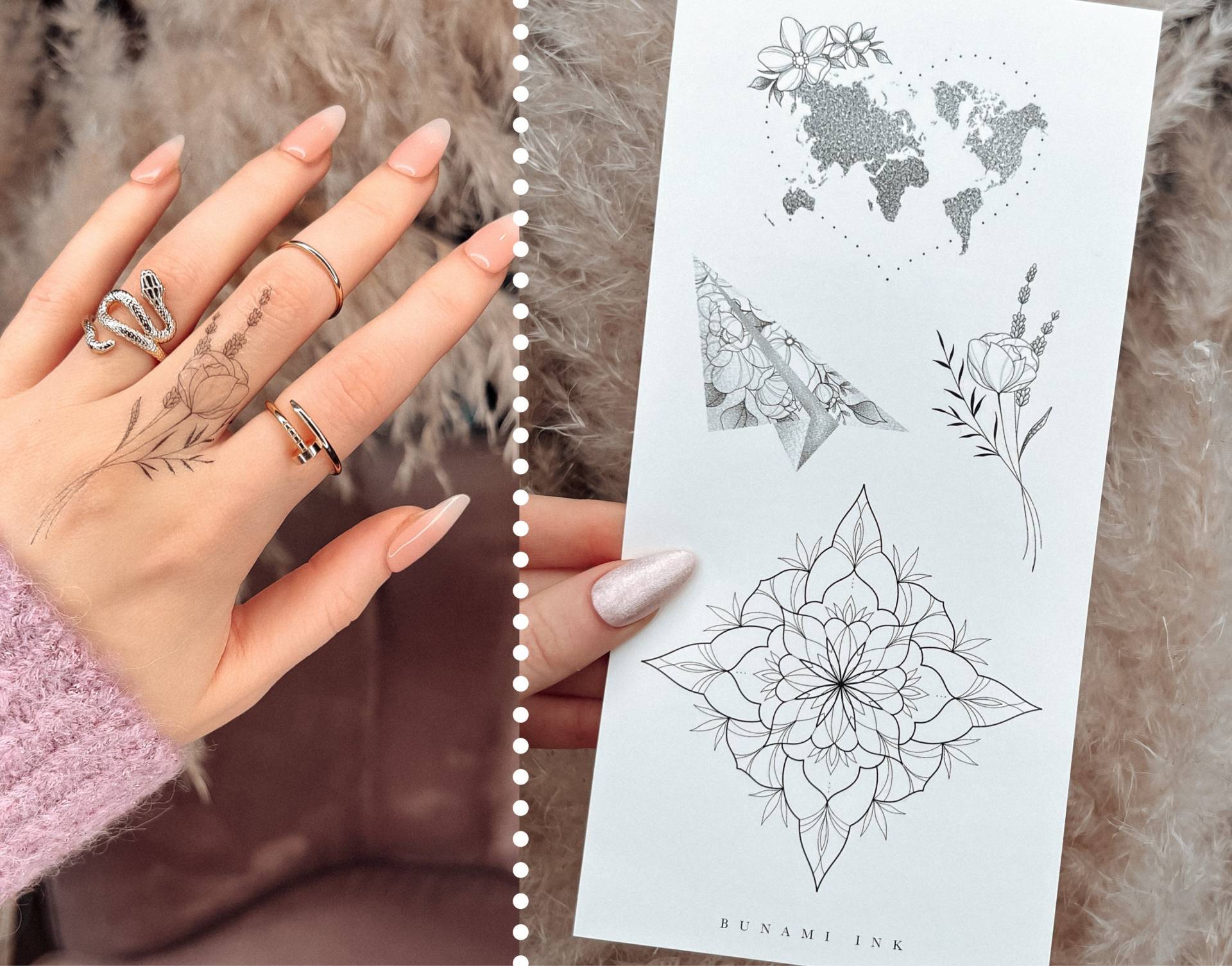 Temporäre Tattoos Weltkarte Papierflieger Bouquet Mandala Florale Silhouette von BunamiInk