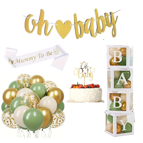 Babyparty-Dekorationsset, einschließlich Baby-Ballon-Boxen, Babyparty-Banner, Schärpe für werdende Mütter, Oh Baby-Kuchenaufsatz und neutrale Babyparty-Ballons (Grün & Gold) von Bundle Bear
